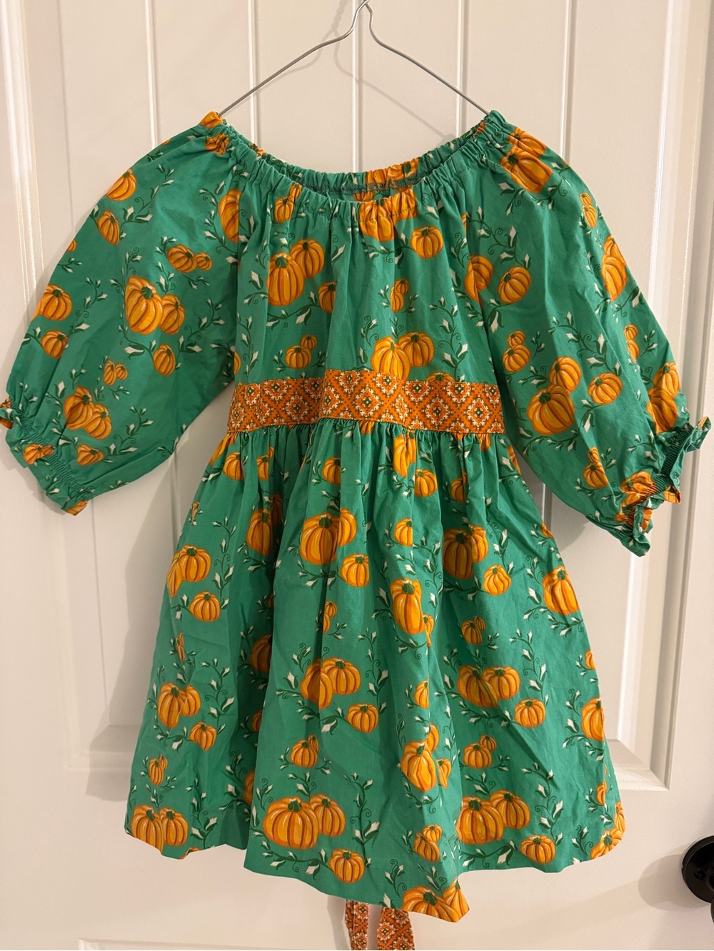 Girls Eleanor Rose Pumpkin Print swing top size 7/8 - Green & Orange EUC